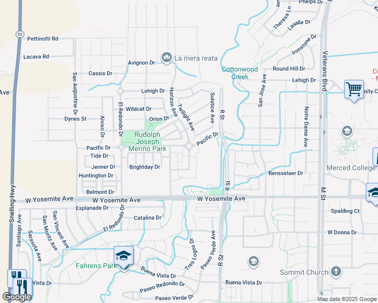 map of restaurants, bars, coffee shops, grocery stores, and more near 1120 Pacific Drive in Merced