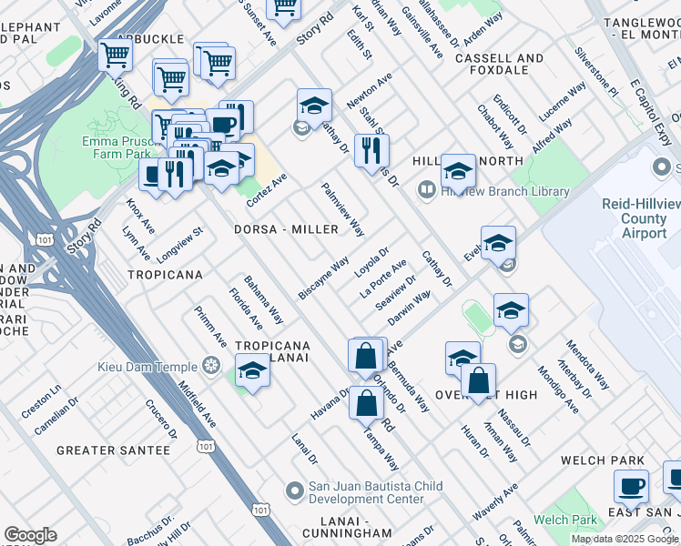 map of restaurants, bars, coffee shops, grocery stores, and more near 1796 Loyola Drive in San Jose