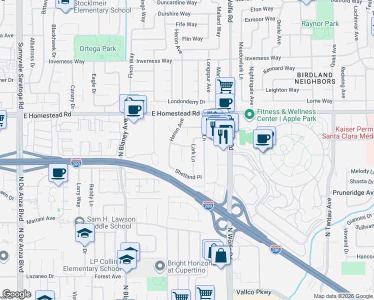 map of restaurants, bars, coffee shops, grocery stores, and more near 1755 Lark Lane in Sunnyvale