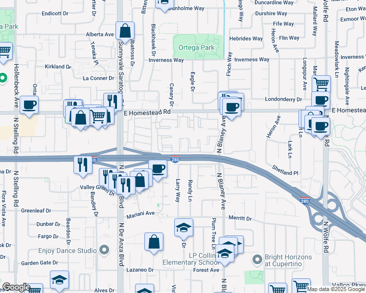 map of restaurants, bars, coffee shops, grocery stores, and more near 20091 Northwood Drive in Cupertino