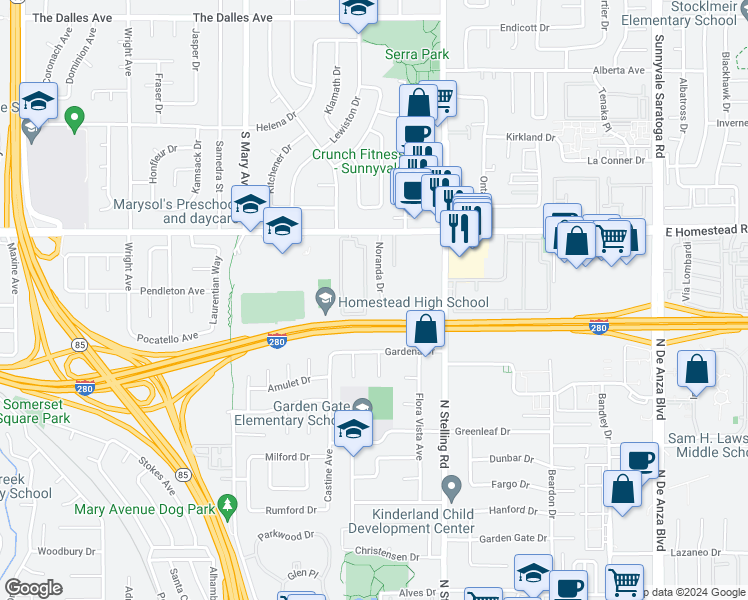 map of restaurants, bars, coffee shops, grocery stores, and more near 780 Noranda Drive in Sunnyvale