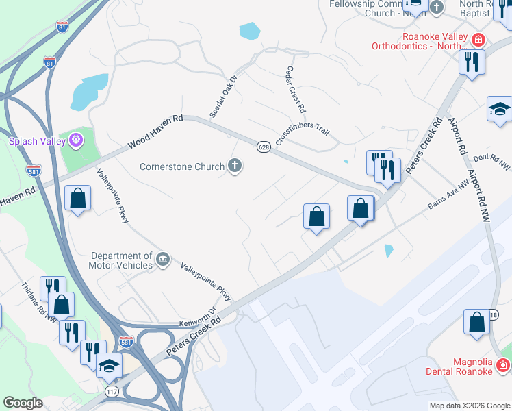 map of restaurants, bars, coffee shops, grocery stores, and more near 6720 Albert Rd in Roanoke
