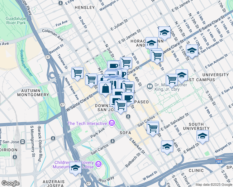 map of restaurants, bars, coffee shops, grocery stores, and more near 65 South 1st Street in San Jose
