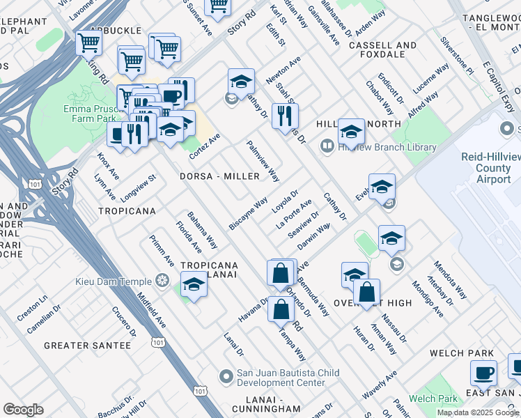 map of restaurants, bars, coffee shops, grocery stores, and more near 1796 Loyola Drive in San Jose
