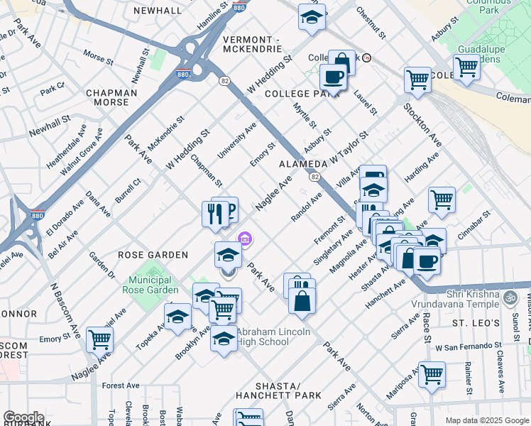 map of restaurants, bars, coffee shops, grocery stores, and more near 1274 Naglee Avenue in San Jose