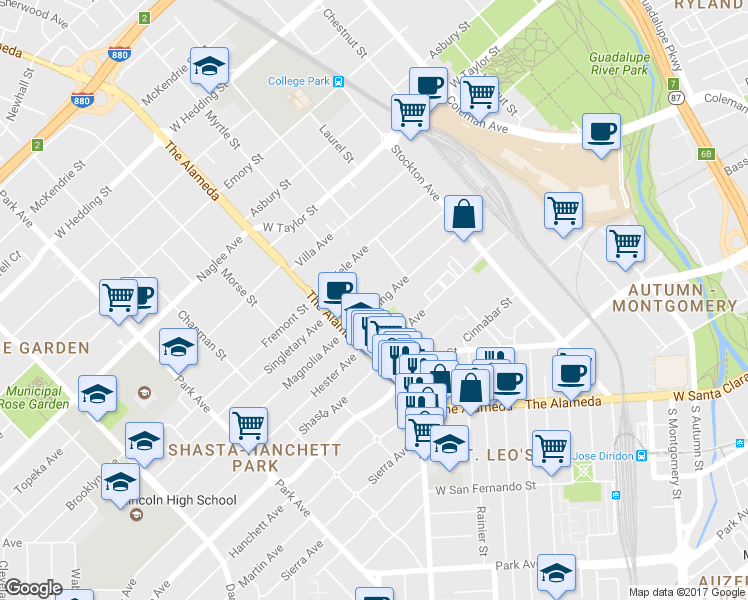 map of restaurants, bars, coffee shops, grocery stores, and more near 1001 Pershing Avenue in San Jose