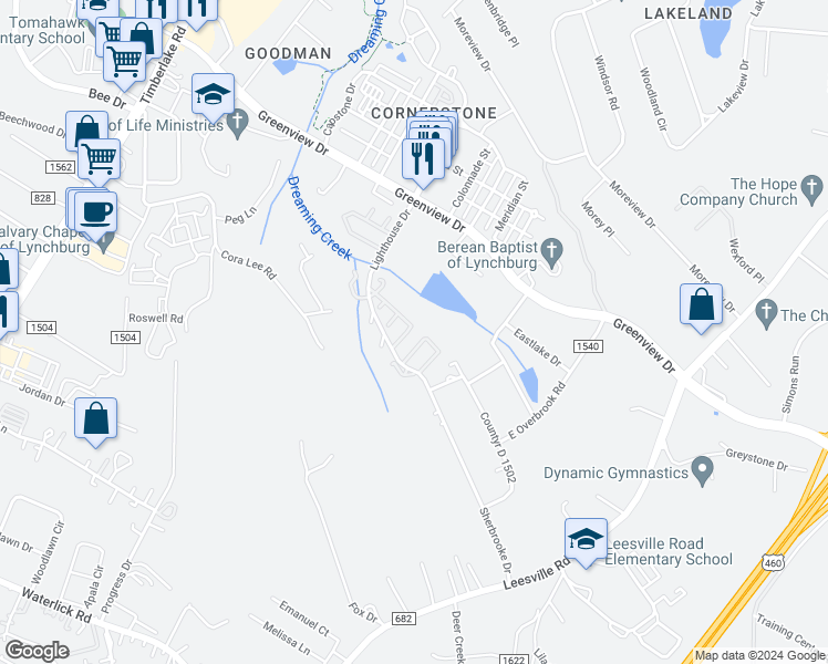 map of restaurants, bars, coffee shops, grocery stores, and more near 146 Kitty Hawk Square in Lynchburg