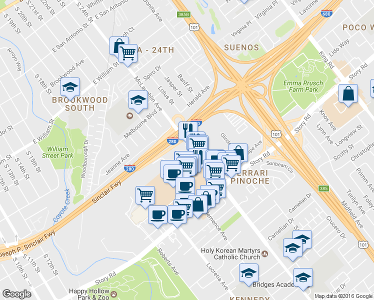 map of restaurants, bars, coffee shops, grocery stores, and more near 911 Mc Laughlin Ave in San Jose
