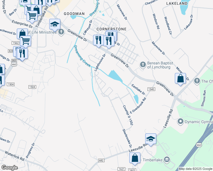 map of restaurants, bars, coffee shops, grocery stores, and more near 146 Kitty Hawk Square in Lynchburg