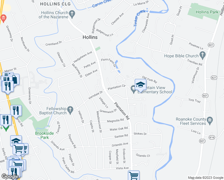 map of restaurants, bars, coffee shops, grocery stores, and more near 721 Plantation Circle in Hollins