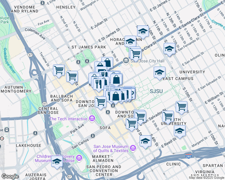 map of restaurants, bars, coffee shops, grocery stores, and more near 88 E San Fernando St in San Jose