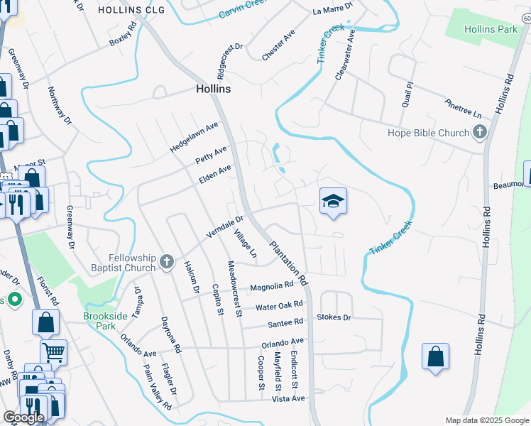 map of restaurants, bars, coffee shops, grocery stores, and more near 721 Plantation Circle in Hollins