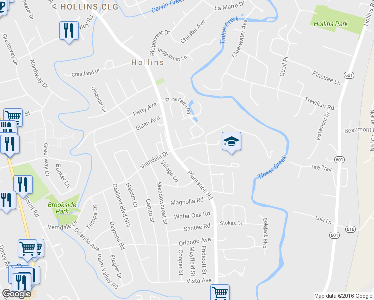map of restaurants, bars, coffee shops, grocery stores, and more near 727 Plantation Circle in Roanoke