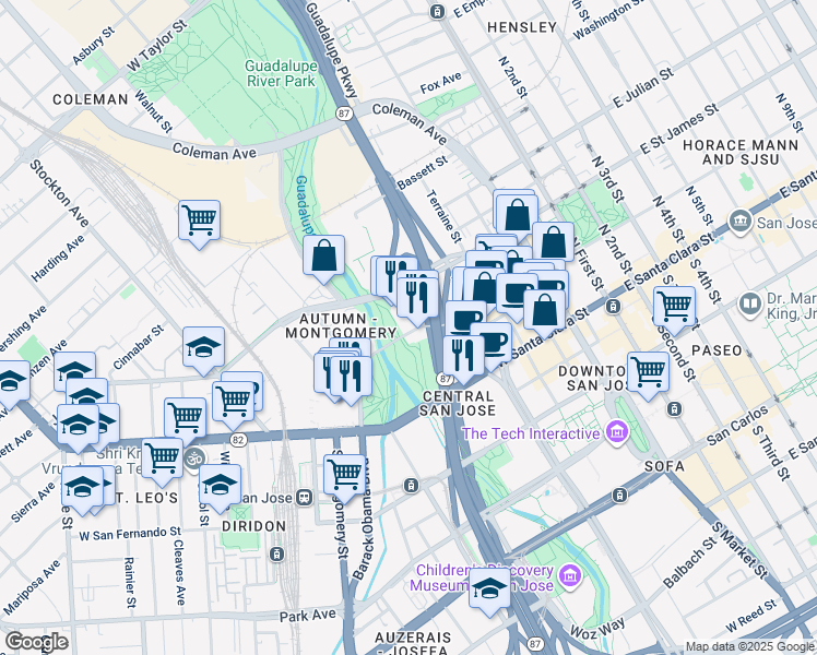 map of restaurants, bars, coffee shops, grocery stores, and more near 323 West Saint John Street in San Jose