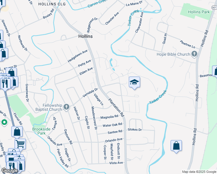 map of restaurants, bars, coffee shops, grocery stores, and more near 727 Plantation Circle in Roanoke