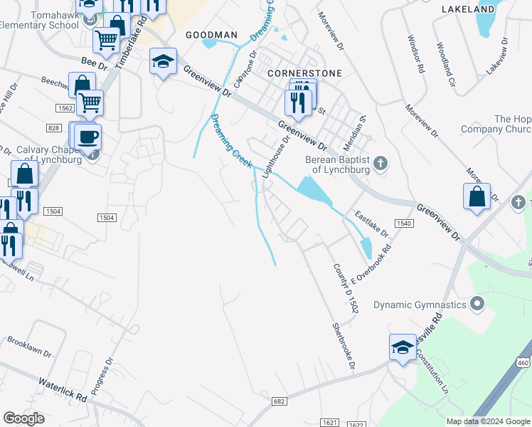 map of restaurants, bars, coffee shops, grocery stores, and more near 36 Cape Point Court in Lynchburg