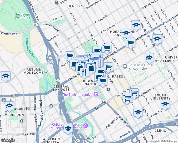 map of restaurants, bars, coffee shops, grocery stores, and more near in San Jose