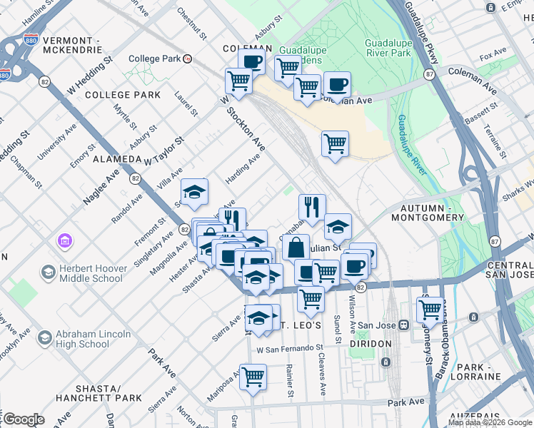 map of restaurants, bars, coffee shops, grocery stores, and more near 854 Lenzen Avenue in San Jose