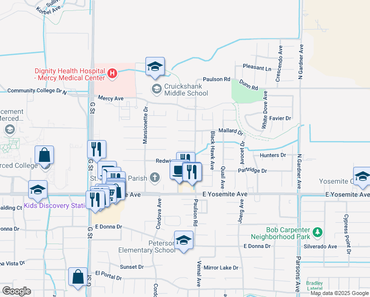 map of restaurants, bars, coffee shops, grocery stores, and more near 763 Kinglet Court in Merced