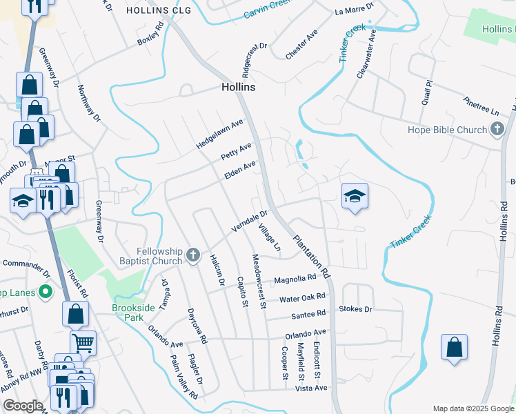 map of restaurants, bars, coffee shops, grocery stores, and more near 6010 Village Lane in Hollins