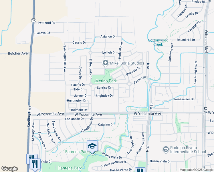 map of restaurants, bars, coffee shops, grocery stores, and more near 1243 Sunrise Drive in Merced