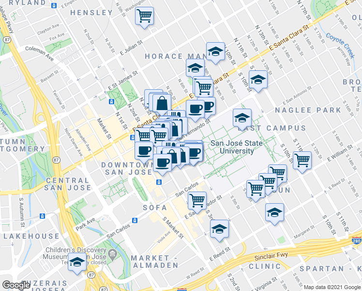 map of restaurants, bars, coffee shops, grocery stores, and more near 113 South 4th Street in San Jose