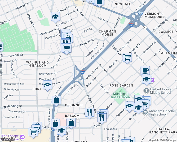 map of restaurants, bars, coffee shops, grocery stores, and more near 1868 Davis Street in San Jose