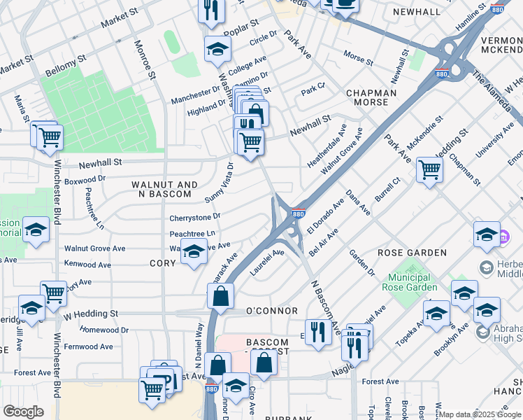 map of restaurants, bars, coffee shops, grocery stores, and more near 2102 Peachtree Lane in San Jose