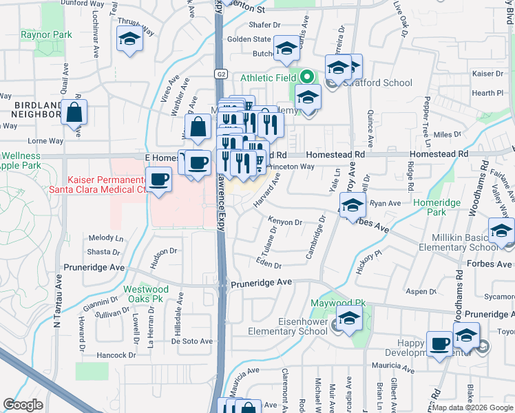 map of restaurants, bars, coffee shops, grocery stores, and more near 3514 Kenyon Drive in Santa Clara