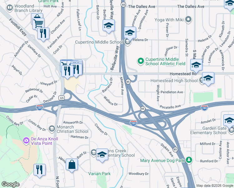 map of restaurants, bars, coffee shops, grocery stores, and more near 22078 Hibiscus Drive in Cupertino