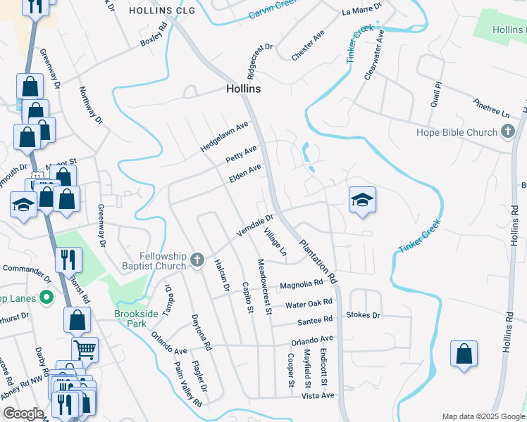 map of restaurants, bars, coffee shops, grocery stores, and more near 6010 Village Lane in Hollins