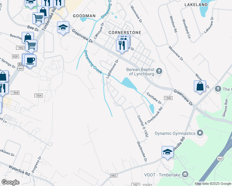 map of restaurants, bars, coffee shops, grocery stores, and more near 64 Cape Charles Square in Lynchburg