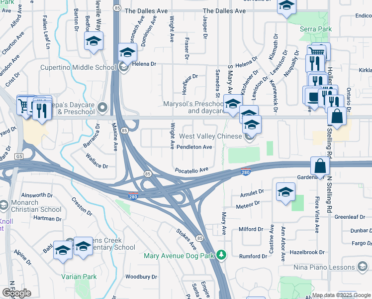 map of restaurants, bars, coffee shops, grocery stores, and more near 1768 Karameos Court in Sunnyvale