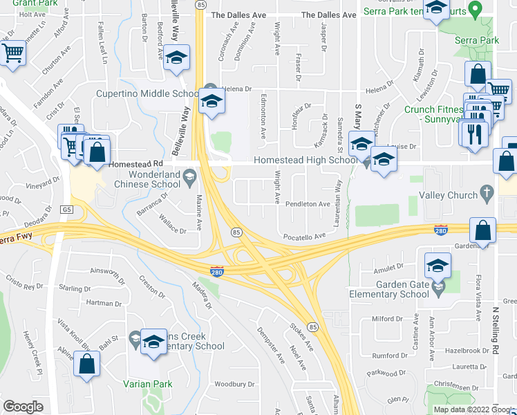 map of restaurants, bars, coffee shops, grocery stores, and more near 1743 Chetamon Court in Sunnyvale