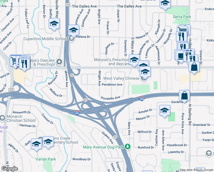 map of restaurants, bars, coffee shops, grocery stores, and more near 1768 Karameos Court in Sunnyvale