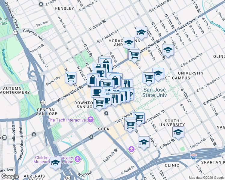 map of restaurants, bars, coffee shops, grocery stores, and more near S 3rd St & E San Fernando St in San Jose