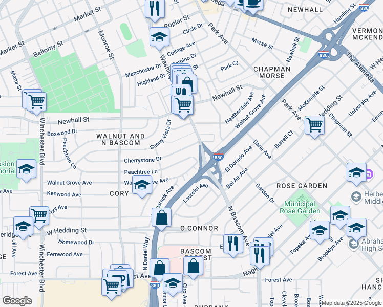 map of restaurants, bars, coffee shops, grocery stores, and more near 2102 Peachtree Lane in San Jose