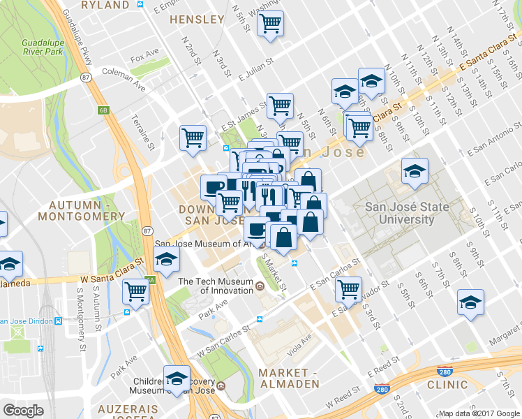 map of restaurants, bars, coffee shops, grocery stores, and more near 43 S 1st St in San Jose