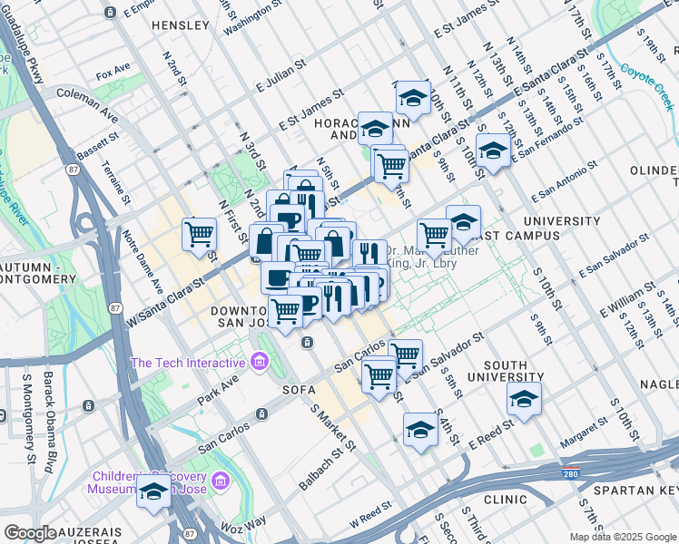 map of restaurants, bars, coffee shops, grocery stores, and more near in San Jose