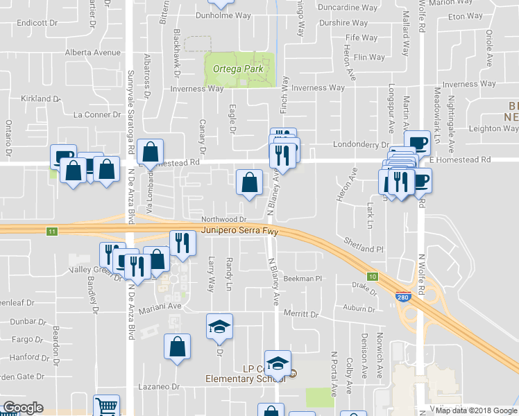 map of restaurants, bars, coffee shops, grocery stores, and more near 10872 Northfield Square in Cupertino