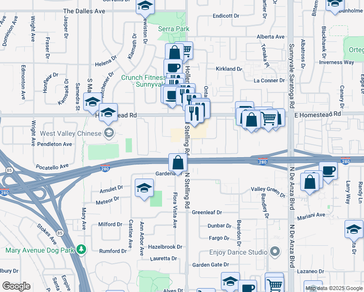 map of restaurants, bars, coffee shops, grocery stores, and more near 10885 North Stelling Road in Cupertino