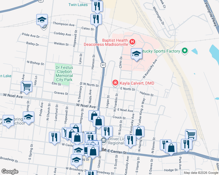 map of restaurants, bars, coffee shops, grocery stores, and more near 458 Logan Street in Madisonville