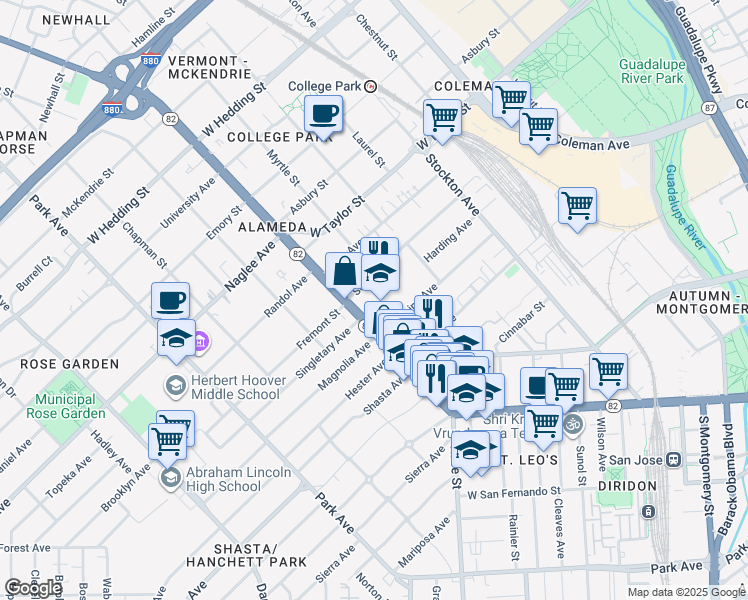map of restaurants, bars, coffee shops, grocery stores, and more near 1530 The Alameda in San Jose