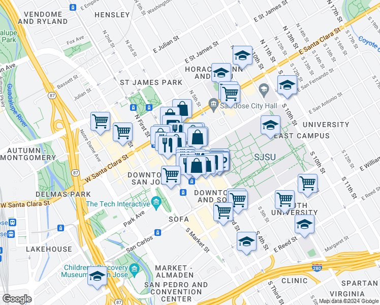 map of restaurants, bars, coffee shops, grocery stores, and more near 99 East San Fernando Street in San Jose