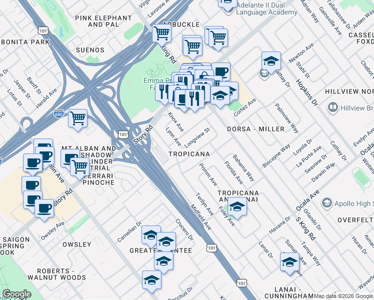 map of restaurants, bars, coffee shops, grocery stores, and more near in San Jose