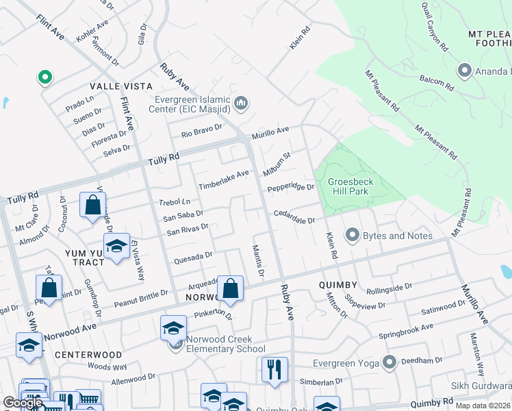 map of restaurants, bars, coffee shops, grocery stores, and more near 2850 Ruby View Court in San Jose