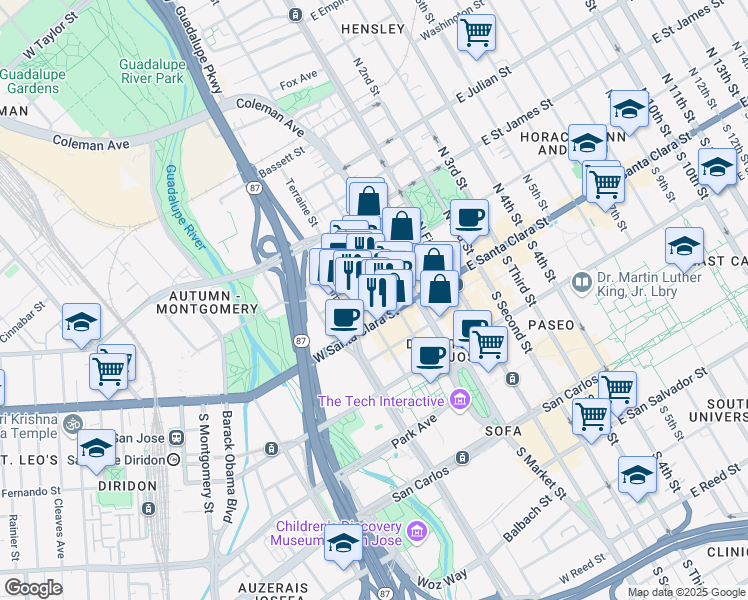 map of restaurants, bars, coffee shops, grocery stores, and more near 677 North Almaden Avenue in San Jose