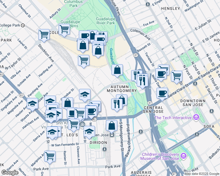 map of restaurants, bars, coffee shops, grocery stores, and more near 566 West Julian Street in San Jose