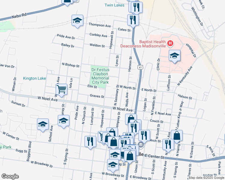 map of restaurants, bars, coffee shops, grocery stores, and more near 419 North Seminary Street in Madisonville