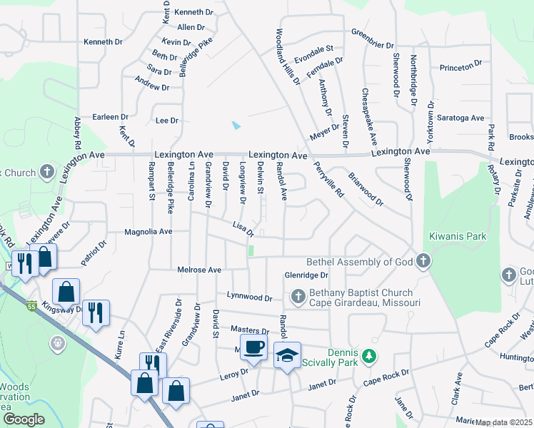 map of restaurants, bars, coffee shops, grocery stores, and more near 1930 Delwin Street in Cape Girardeau
